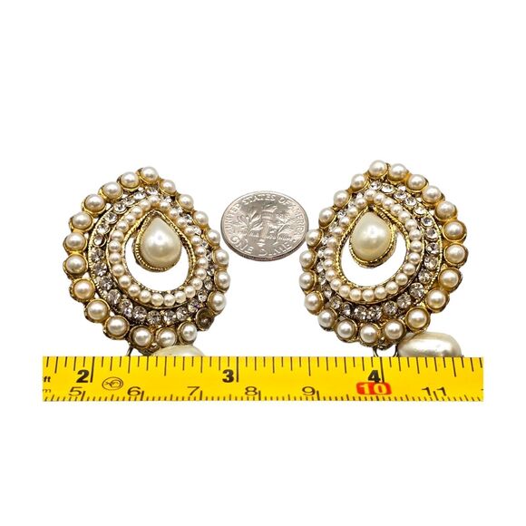 Teardrop Imitation Seed Bead Pearls Pierced Earrings Clear Rhinestones Vintage - Picture 3 of 6